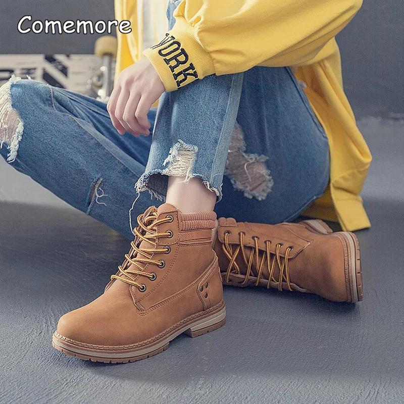 Fashion Comemore Women Ankle Boots Low Platform Short Boot Lace-Up Ladies Black Shoes Winter Woman 2025 Low Heels Spring Autumn New 42