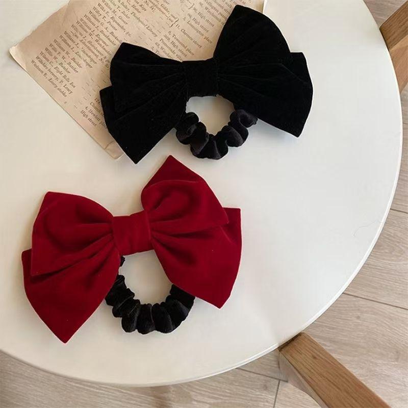 2025 Autumn/Winter Velvet Bow Hair Tie - Burgundy Women's Hair Accessory