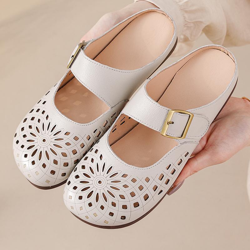Fashion New Arrival Genuine Leather Sandal Womens Clogs Slip on Mules Closed Toe Sandals Woman Elegant Summer Flats Comfortable Shoe Mom