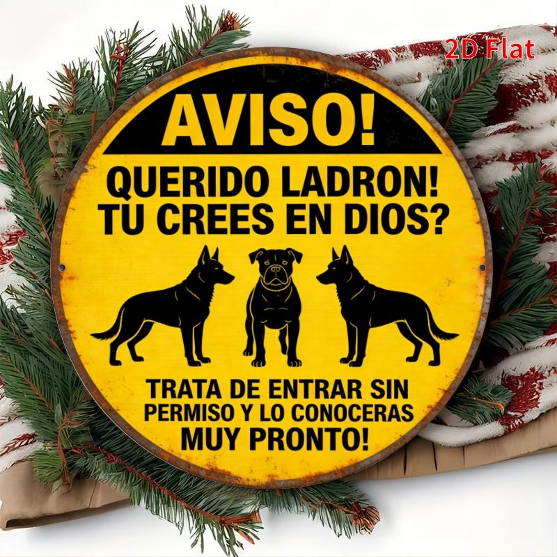 HD Tin Sign Spanish Beware Of Dogs Round Metal Wall Art Security Warning Decor