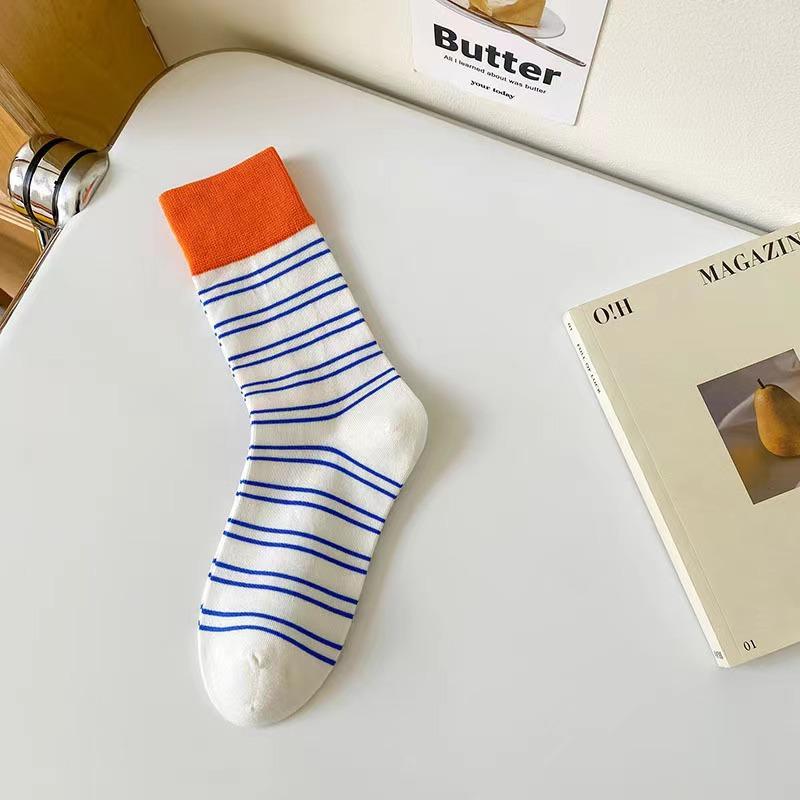 1/6 Pairs Women Colorful Striped Mid Tube Socks Spring Summer Sweat Absorbing Breathable Dopamine Color Matching Casual Socks