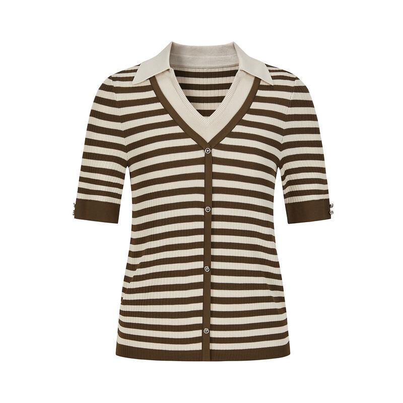 JUZUI Faux Two-Piece V-Neck Striped Knit Short Sleeve Top
