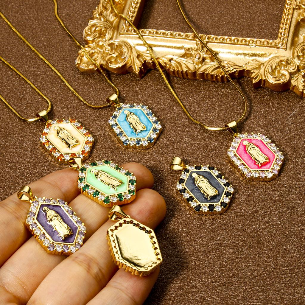 1 PC Virgin Mary Religious Brass Pendants 18K Gold Plated Pearlized Hexagon Enamel Cubic Zirconia Charms Pendants 3cm x 1.7cm