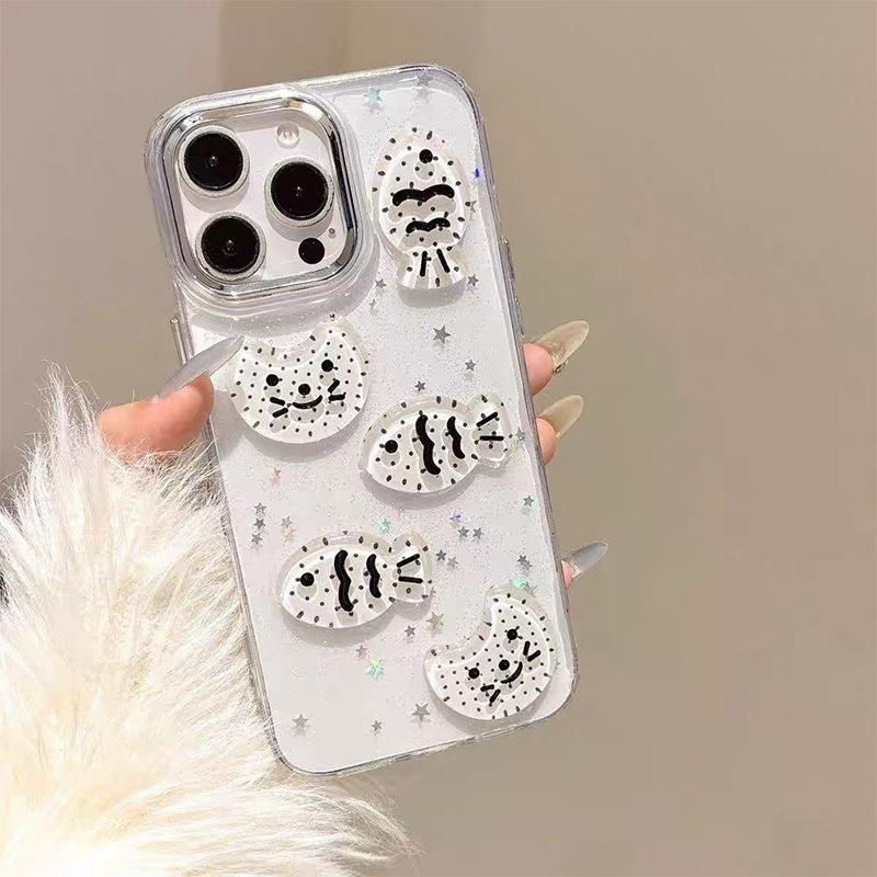 

For Apple 16 Promax Phone Case for IPhone 17 Minimalist 14 Fine Glitter 13 Transparent Star Cat Fish For iPhone 7/8/SE 2020