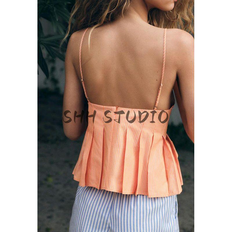 Spring and Summer New Women's Clothing Minimalist Wind V Neck Wide Pleated Hem Poplin Stripes Sleeveless Casual Tops 2923185