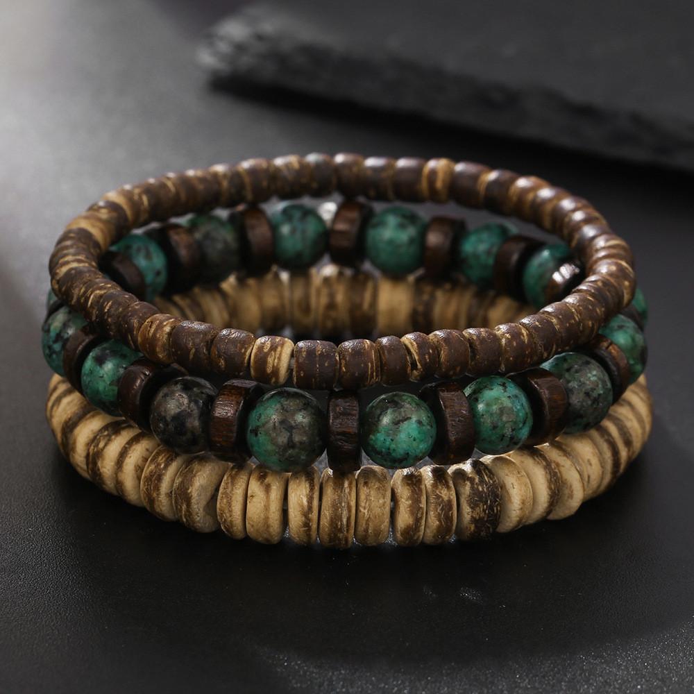 Mehrschichtiges, stapelbares Armband-Set aus Holzperlen für Damen und Herren im handgefertigten afrikanischen Türkis-Stil