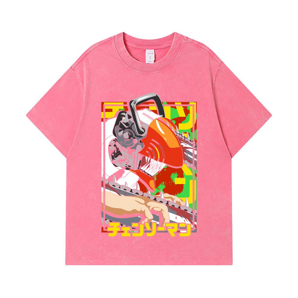 275 GSM Washed T-shirts 100% Cotton Chainsaw Man V5 Denji Print Unisex Heavy Cotton T Shirt