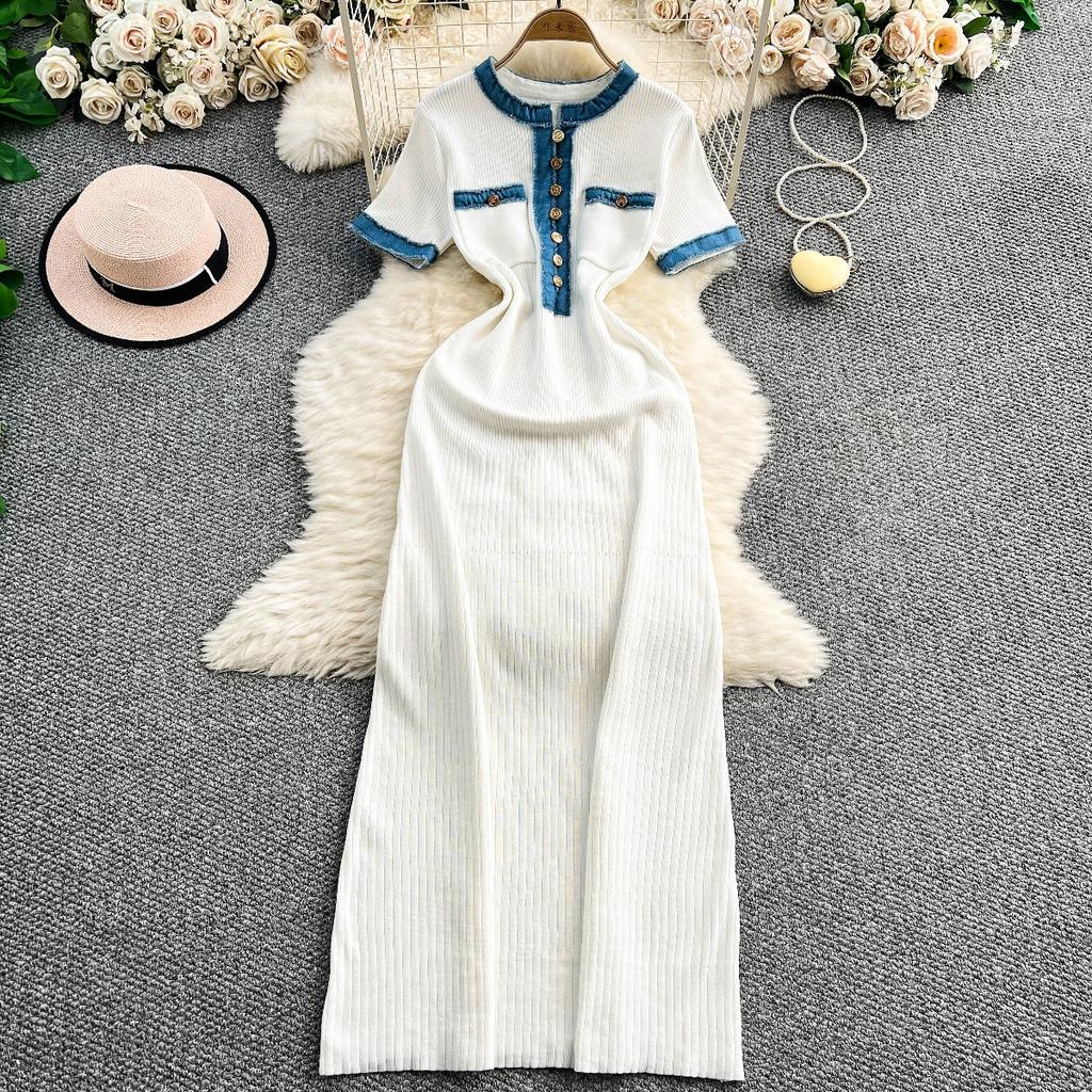 European and American Women's Clothing Summer New Denim Splicing Knitted Long Dress Tight Short-sleeved Waist and Thin Dress