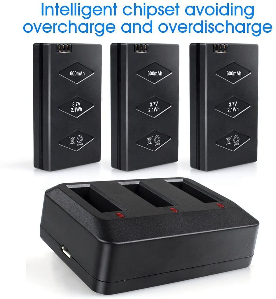 Set of 3 LiPo Batteries 3.7V 600mAh 20C for Parrot MiniDrone | 3-Port Fast Charger with IC Protection | Wide Compatibility with Drones & RC Models