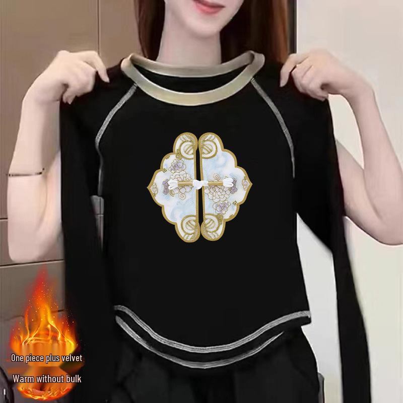 

Women s 2024 New Ins Style Velvet Double-Sided Long-Sleeve T-Shirt: Chic, Versatile Autumn/Winter Top L (115-125 jin) чорний