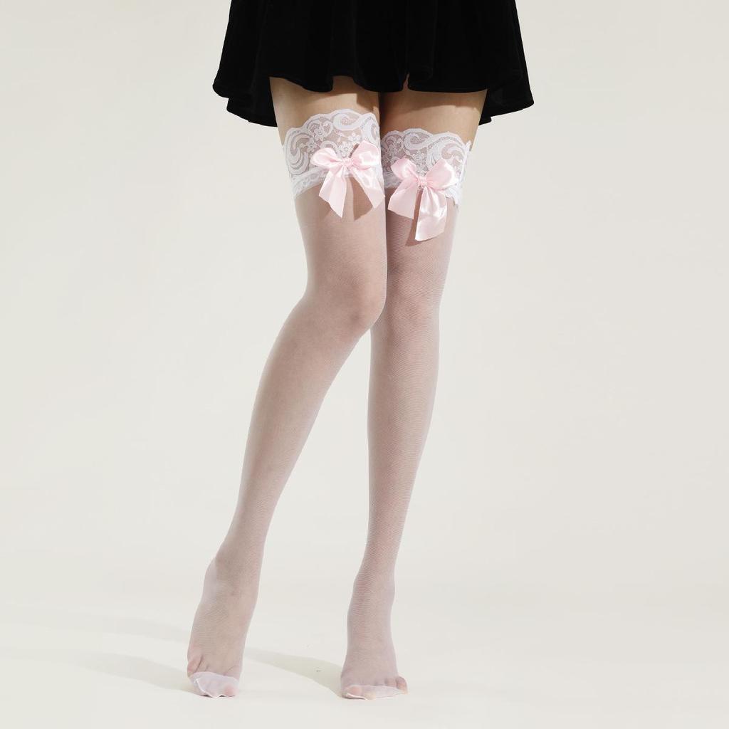 Elegant Bow-Accent Sheer Black Stockings: Sexy Lace Over-the-Knee Socks for Spring/Summer