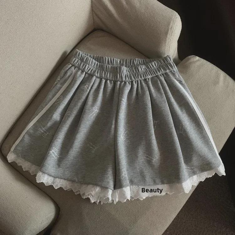 Women's Elastic Waist Lace Bowknot Print Summer Casual Wide Leg Shorts