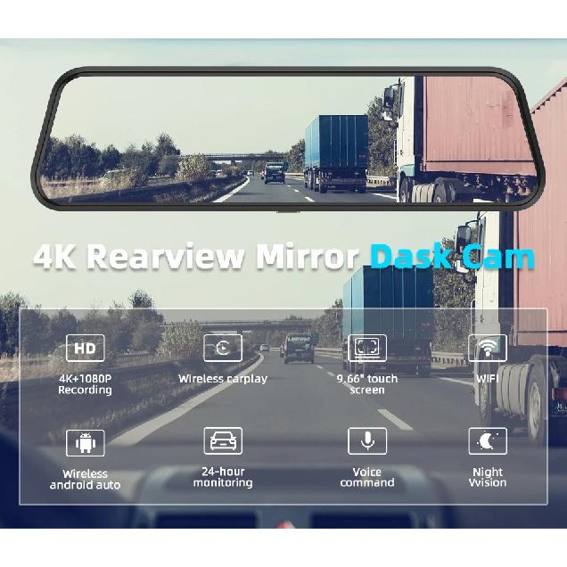 E-ACE 9.66 inch Dash Cam 4K HD WiFi Driving Recorder Carplay & Android Auto Night Vision Recorder Car DVR