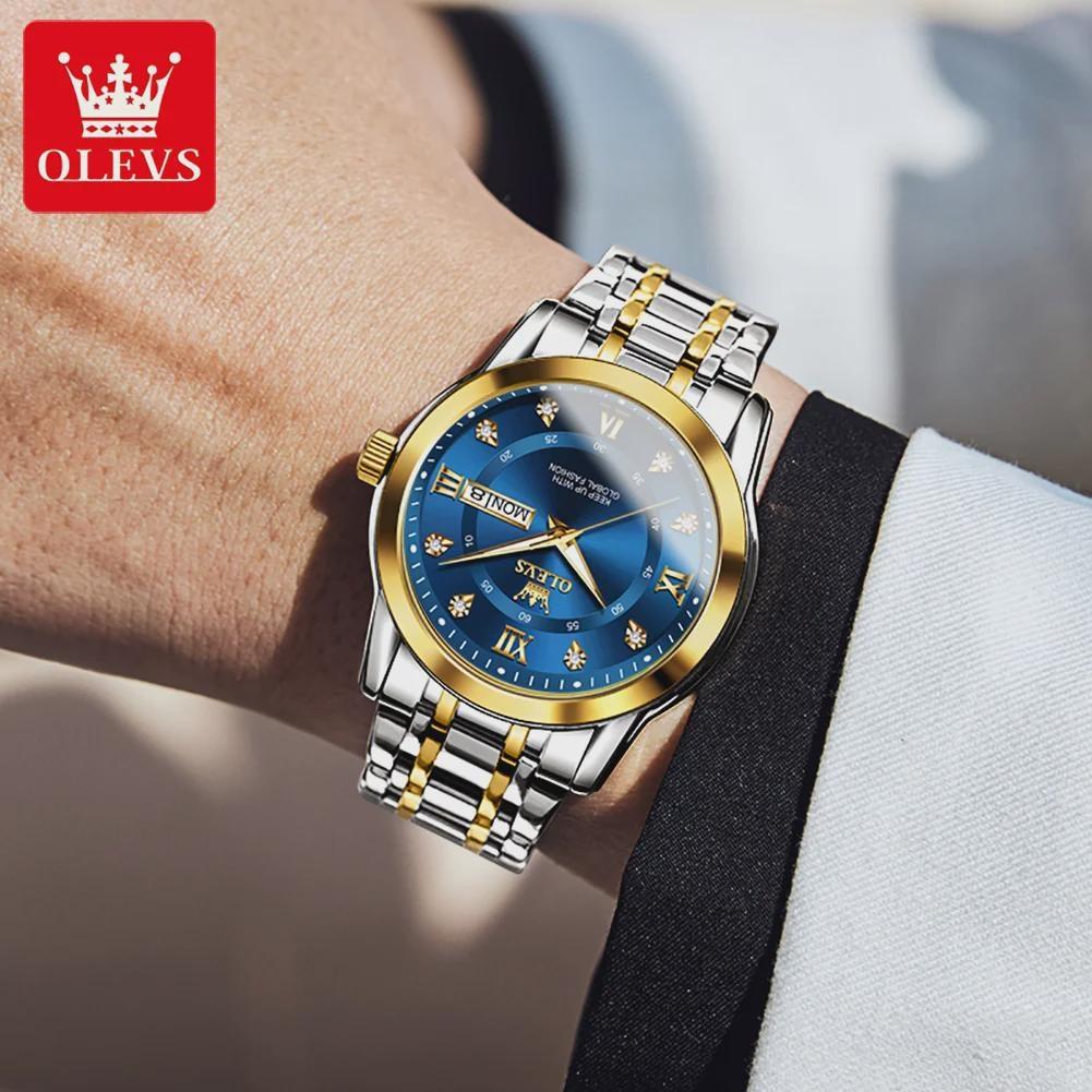 OLEVS Men's Watch Dual Calendar Display Waterproof Luminous Original Luxury Diamond Watch Fashion Men's Watch