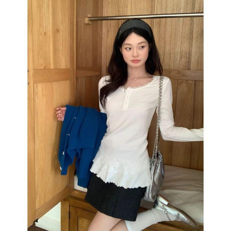 260g Cotton Modal Lace-Trim Slimming Button Long-Sleeve Top Medium покинуть белый