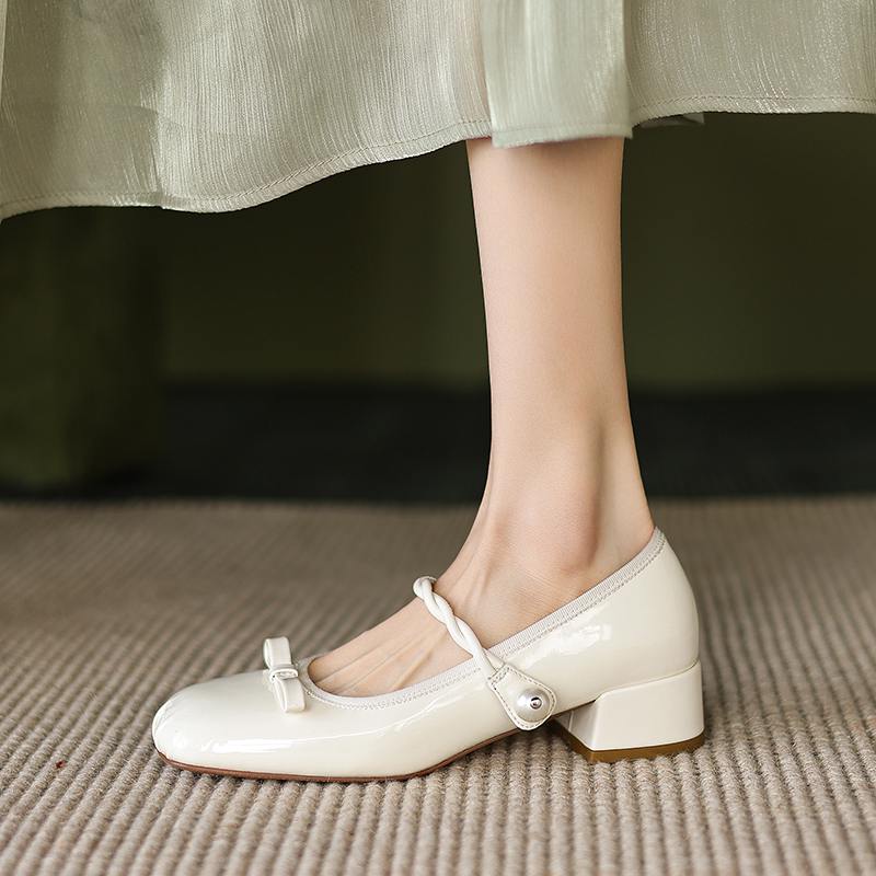 Krazing Pot Sheep Skin Spring Summer Size 41 Thick Med Heels Women Square Toe Pearl-studded Butterfly-knot Pumps