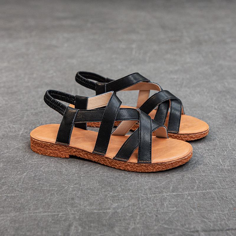 2025 new summer cowhide cross flat heel rubber soft sole casual breathable light foot cover solid color Roman sandals women