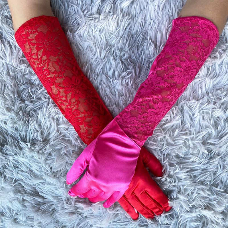 

Стрейч-сатиновые перчатки, Кружевные перчатки, Свадебные аксессуары для одежды по этикету, Перчатки для выступлений One size розы красного