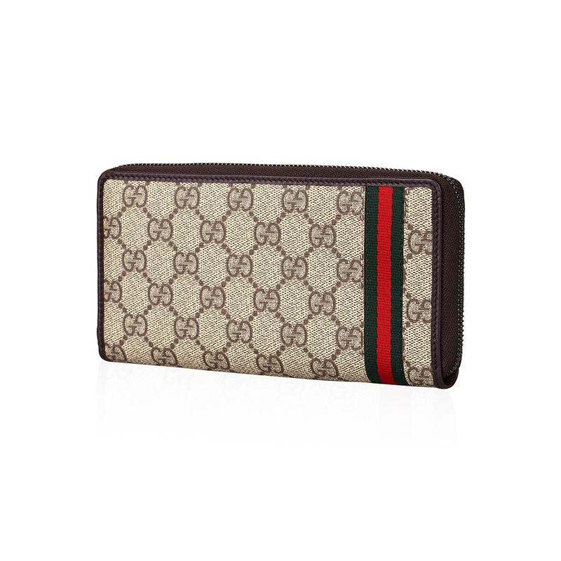 Gucci wallet Presbyopia logo, red and green striped webbing, long zipper, canvas patchwork, wallet, regular men's style, ebony/brown, classic