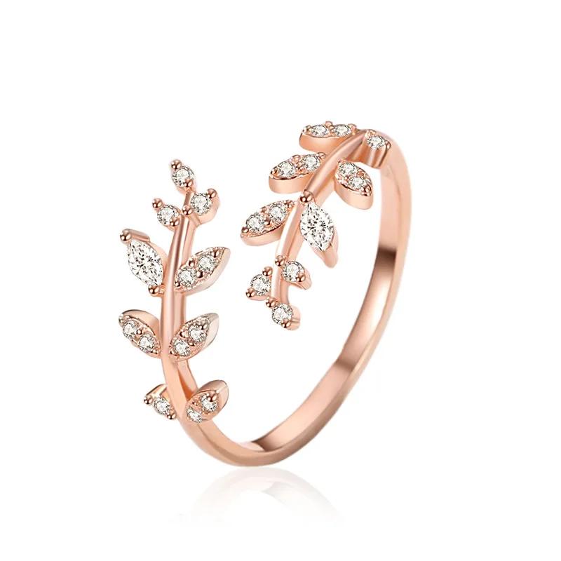 

925 Silver Leaves Ring Exquisite Zircon Stone Ring for Women Girls Adjustable Wedding Ring рожевий колір золота
