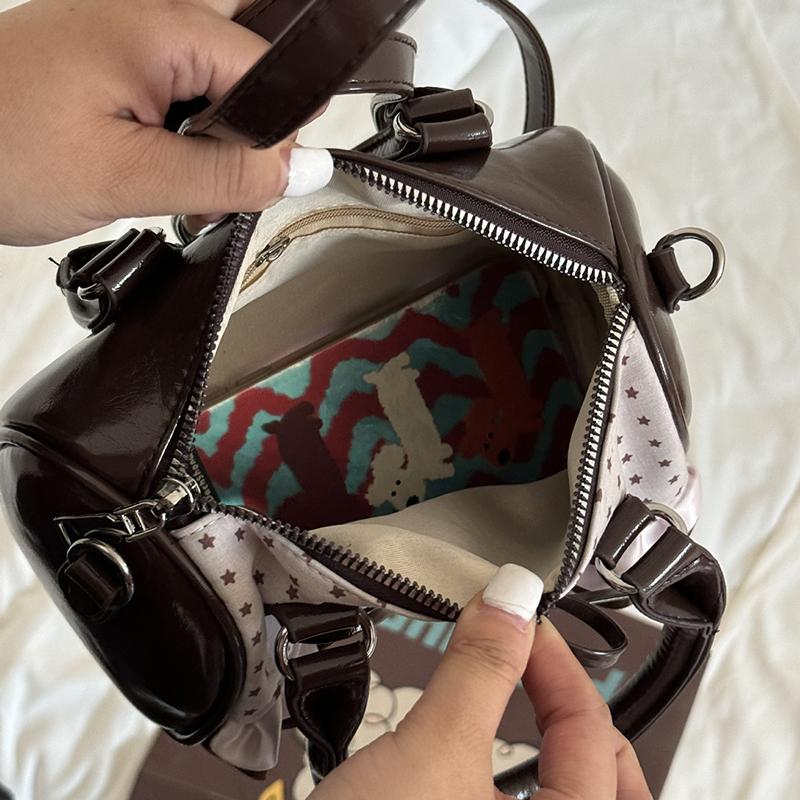 Cute Polka Dot Mini Handbag Brown Bow Design Ruffle Shoulder Bag Sweet Plaid Detail Small Tote Purse Women Casual Crossbody Bag
