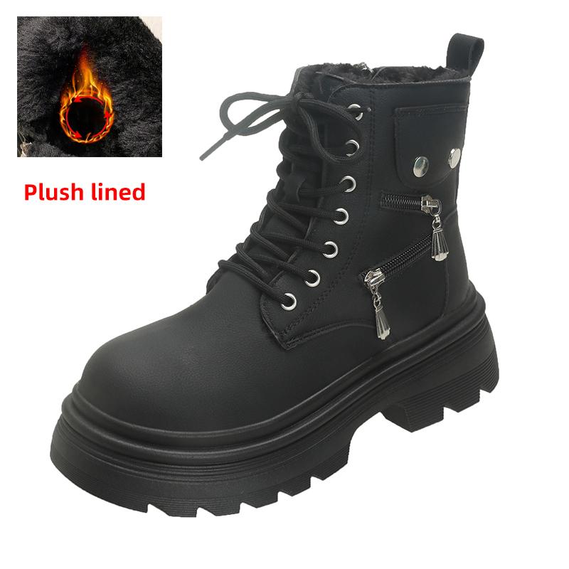 fashion Winter Chunky Platform Combat Boots Women Thick Bottom Plush Warm Ankle Boots Woman Fashion Metal Decor Motorcycle Booties 2024
