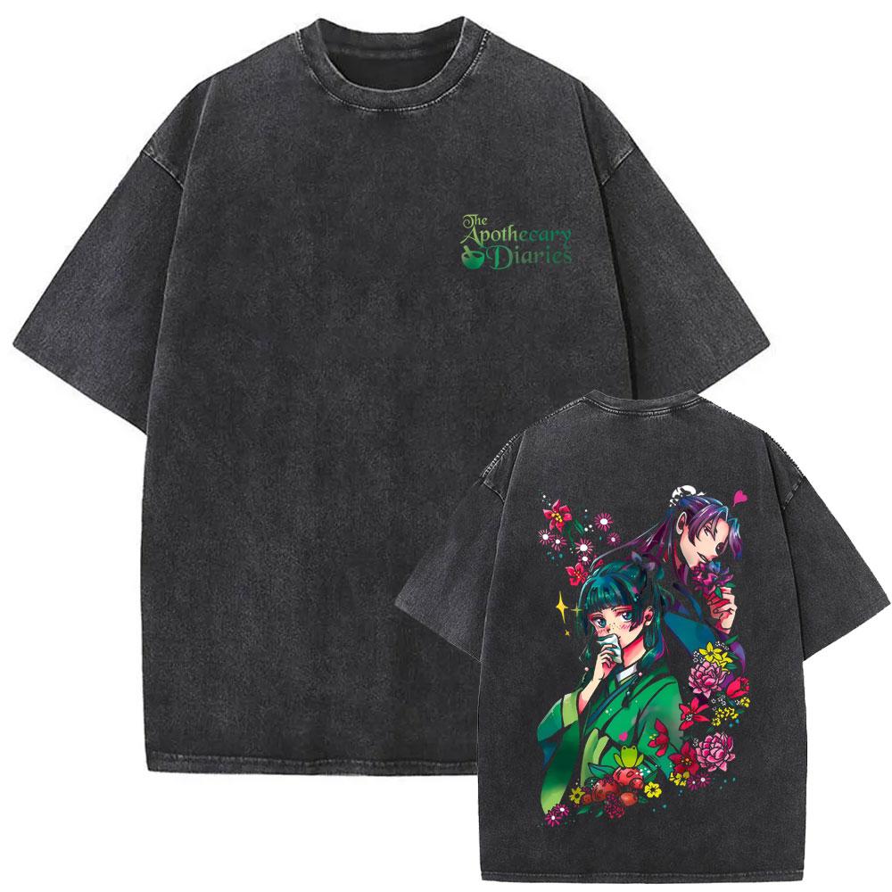 Gewaschenes Vintage Japanischer Anime The Apothecary Diaries Maomao Doppelseitiger Druck T-Shirt Herren Damen Freizeit Kawaii Lustige T-Shirts