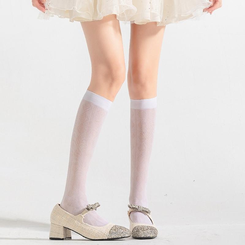 Summer Thin Silk Solid Over the Calf Socks for Womens Japanese Style JK Diamond Striped Pattern Student Long Stockings