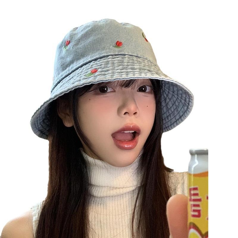 Fashionable Embroidered Cherry Denim Wide Brim Hat Unisex Summer Accessory Essential