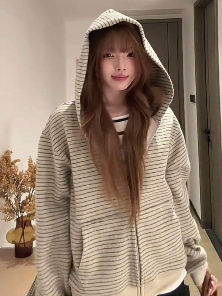 American Retro Korean-Style Women's Hooded Striped Cardigan - Autumn Loose Fit