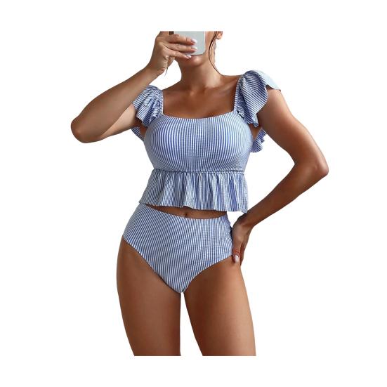2-teiliges/Set Damen Badeanzug-Set eckiger Ausschnitt Rüschen Kappenärmel gestreifter Druck Oberteile hoch taillierte Badehose Bademode-Set