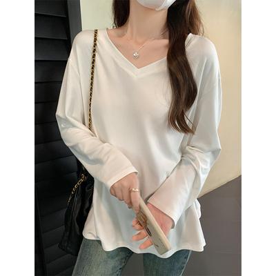 White V-neck Exposed Collarbone Mid-length Butt-covering Long-sleeved Bottoming Shirt T-shirt for Women Autumn New Loose Lazy Top