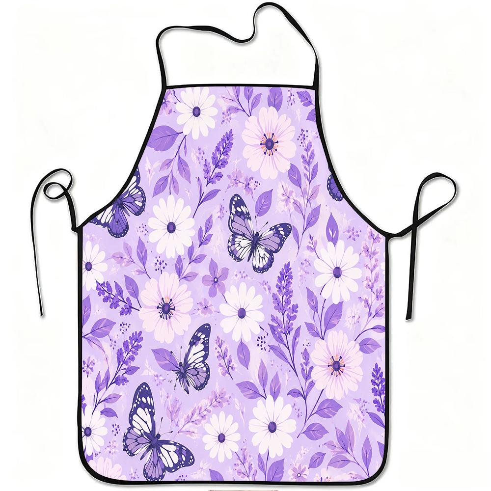 1pc Purple Butterfly And Floral Print Apron, Durable And Easy To Clean, Adjustable Waistband, Polyester Material, for Kitchen Cooking, Gardening, Orch