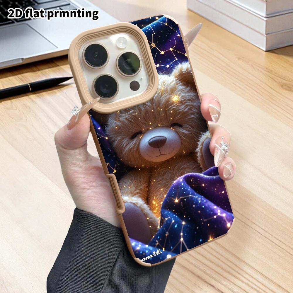 Phone Case: 2D Flat Lambskin Suitable for iPhone 18 17 16 15 14 13 Pro Protective Case, Starry Sky Bear, Christmas and Halloween Gift
