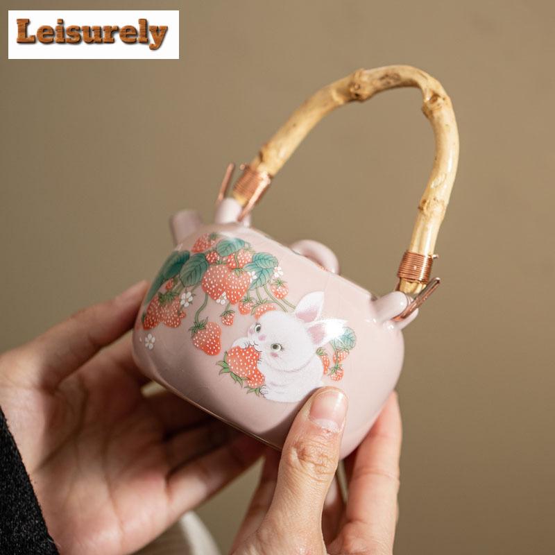 230ml Creative Pink Ru Kiln Lifting Beam Teapot Elegant Strawberry Rabbit Pot Tea Brewing Kettle with Infuser Chinese Tea Set
