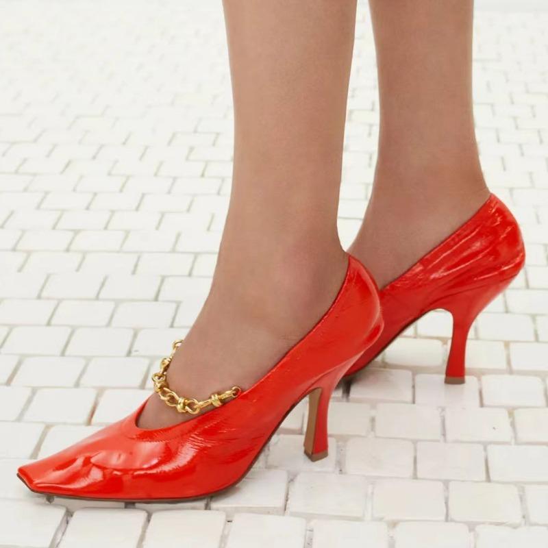 Fashion European American Fashion Chain Red White Women High-heeled Shoes Bridal Wedding Dress Banquet Fashion Party Sexy Single Shoes