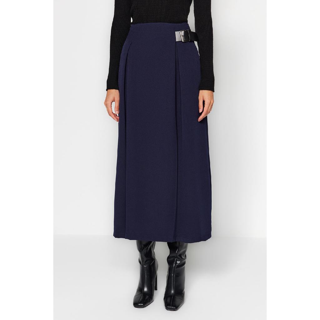 Navy Blue Belt Detailed Woven Skirt Tctaw24ee00014