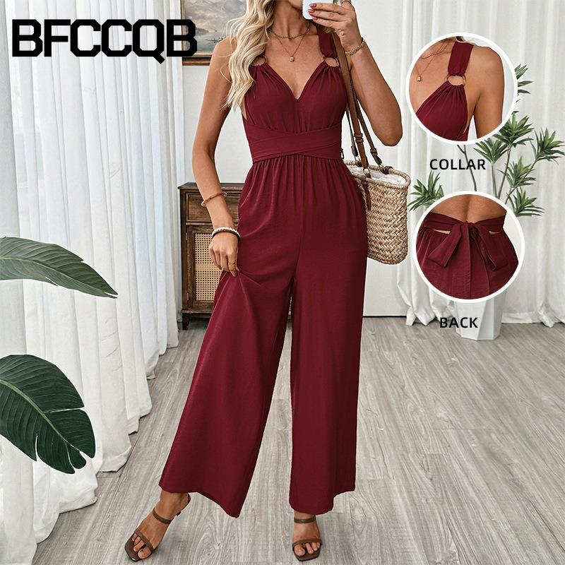 BFCCQB Women's Fashion Casual Solid Color Print Summer Spring Sleeveless Suspenders trousers Jumpsuits & Rompers