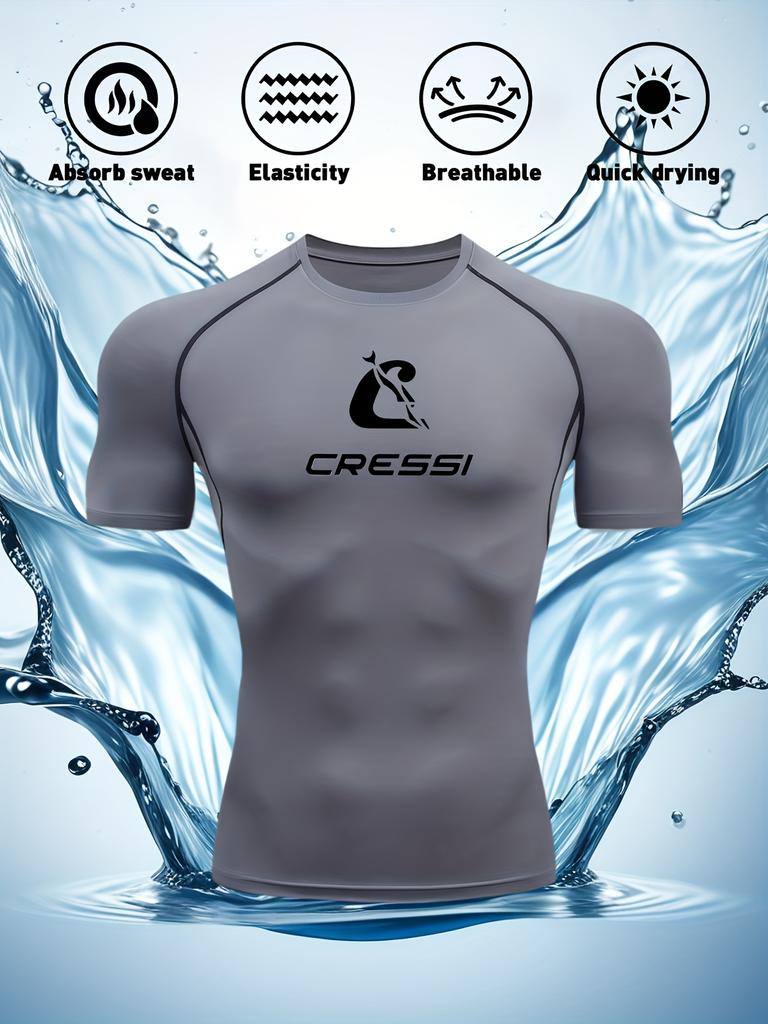 Herren Kompressionsshirt Schnelltrocknend Marineblau Fitnessstudio T-Shirt "Cressi" Aufdruck Workout Sportbekleidung