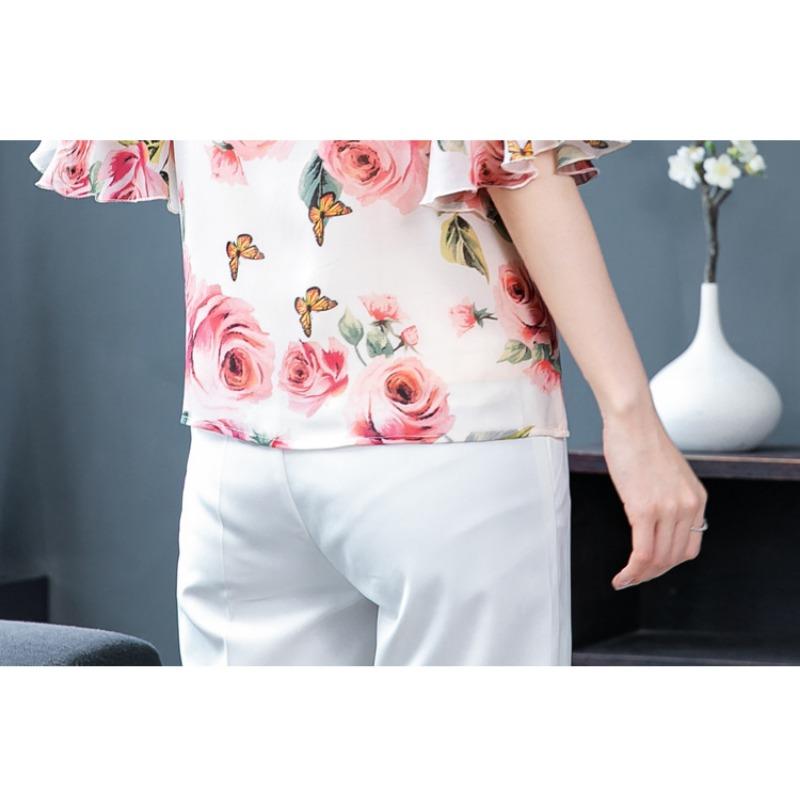 YYFS Women's Fashion Casual Summer Spring Flower Pattern Print 1/2 Sleeves V-Neck Blouses & Shirts