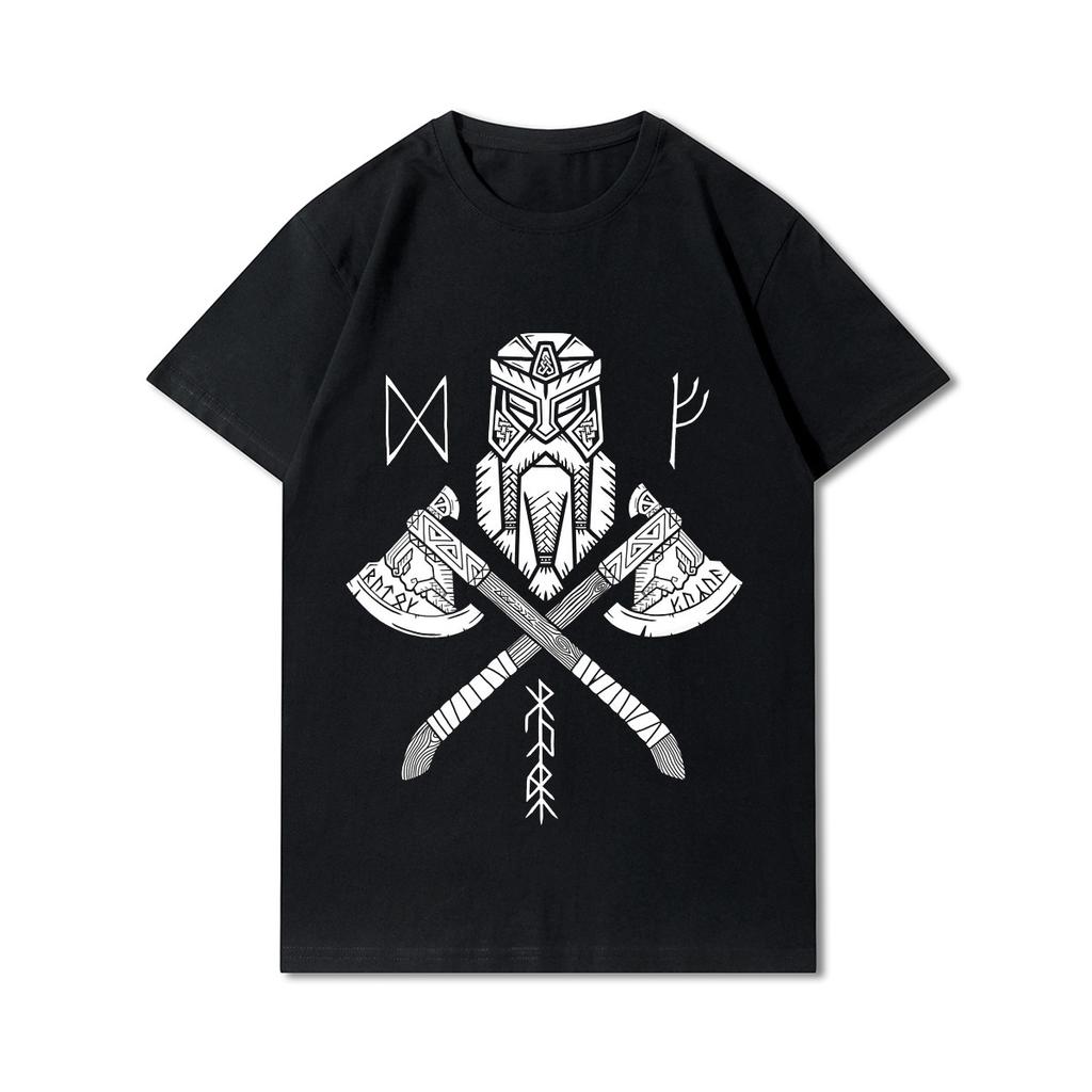 100% Cotton Summer Men T Shirts Viking Vintage Skull Beard with Headphone Printed Casual Top Tees