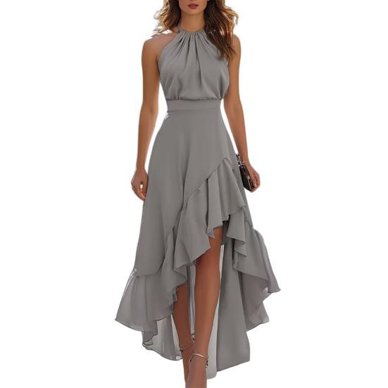Women s Layered Ruffle Hem Dress Halter Sleeveless Party Cocktail Dress Asymmetrical High Low Flowy S серый