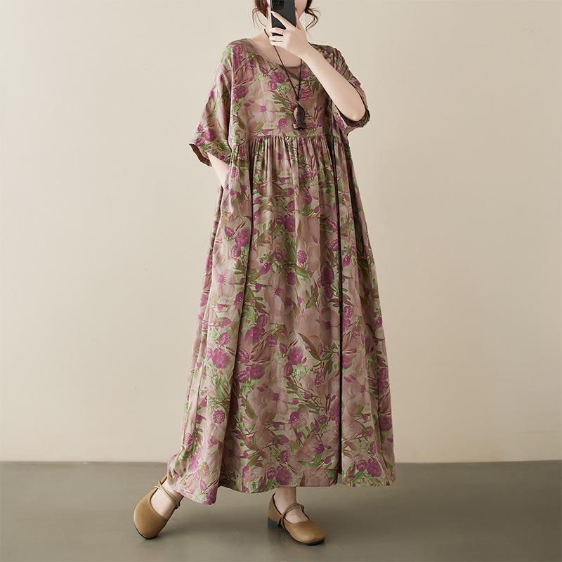 

Летнее новое большого размера литературное и ретро пуловер с круглым вырезом и коротким рукавом средней длины платье женская одежда Large size average size