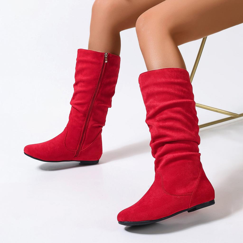 Fashion Faux Suede Mid-calf Boots for Women Plus Size Autumn and Winter Round Toe Side Zipper Pleated Flat Boots Botas Mujer