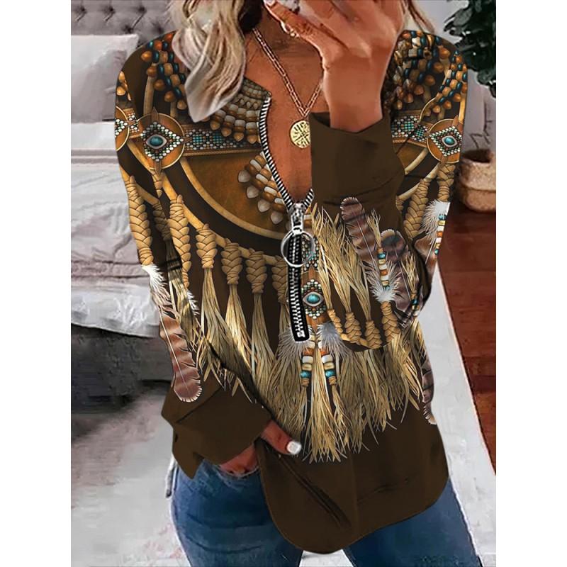 Womens Trendy Abstract Print Half-Zip Long Sleeve Hooded Sweatshirt Streetwear