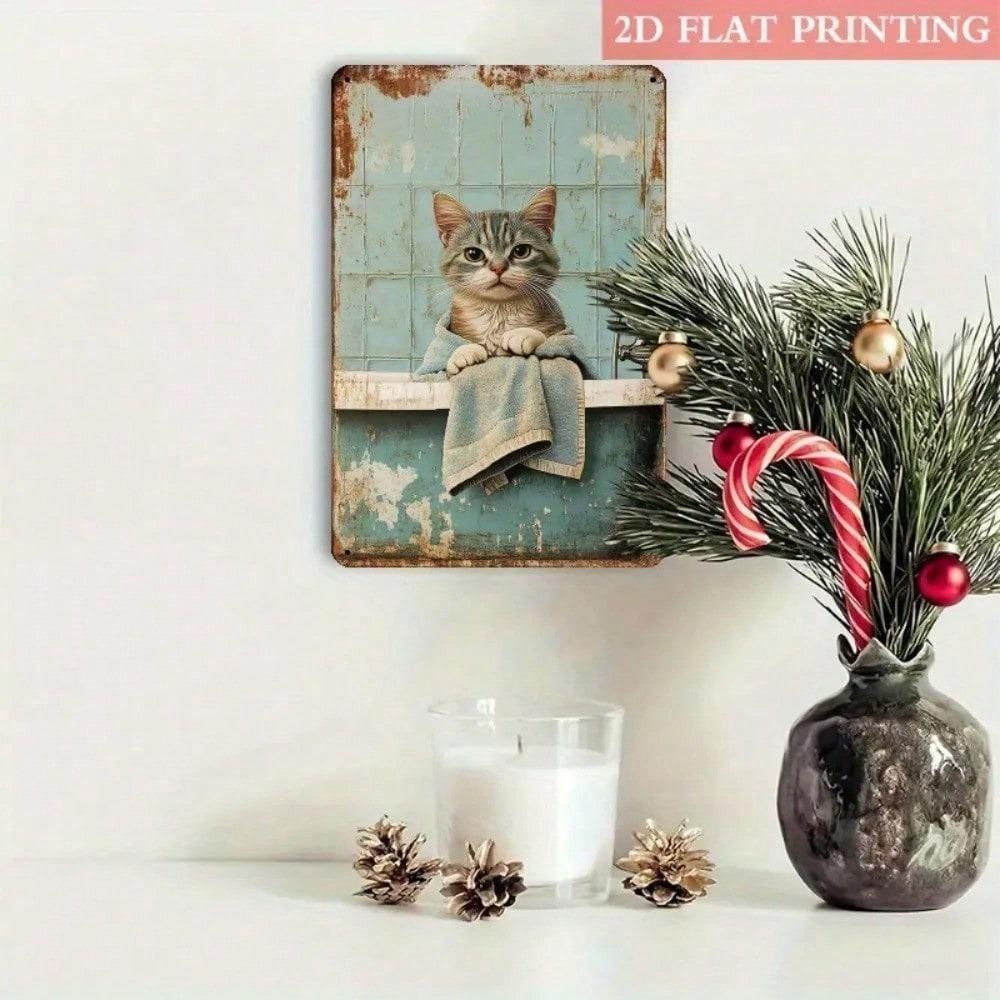 Vintage Cat Metal Wall Sign, Iron Art for Bathroom Decor