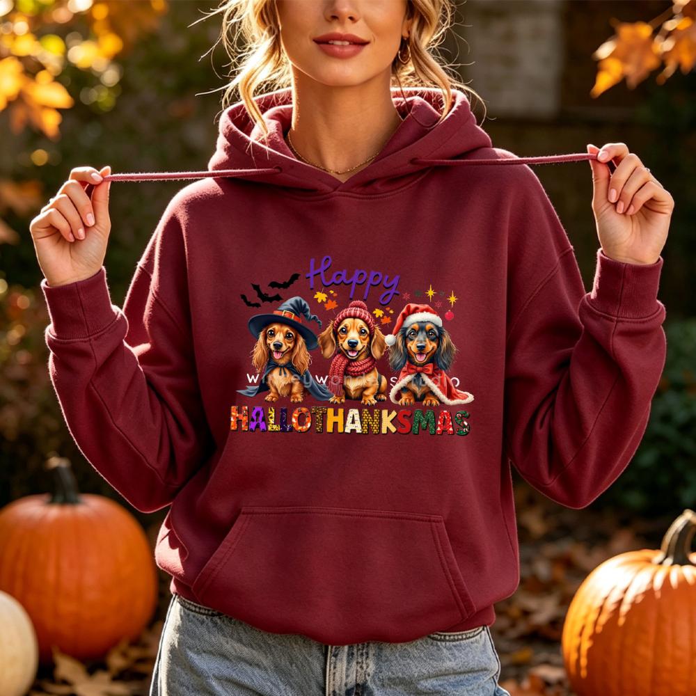 Happy Hallothanksmas Dachshund Dog Hoodies Women Autumn Winter Halloween Christmas Graphic Pocket Hooded Sweatshirt Unisex