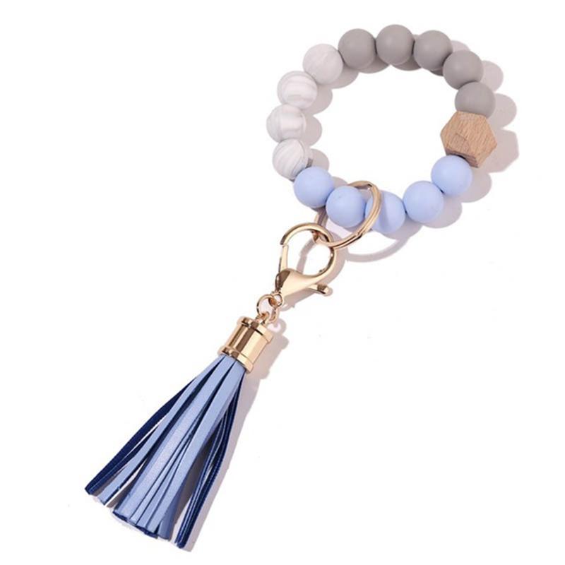 Stock Silicone Beads Elastic Bangle Bracelet Keychain Leather Tassel Silicone Beads Bracelet Wristlet Keychain for Women