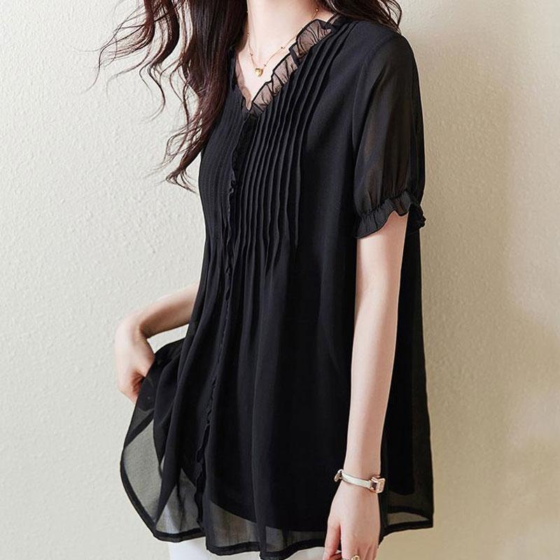 Pendler Plissierte Einfarbige Bluse Sommer Kurzarm Stilvoll Essbarer Baum-Pilz Basic Damenbekleidung Elegantes V-Ausschnitt Hemd Neu