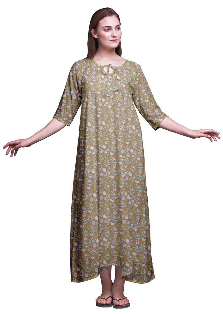 Bimba Dark Rose Brown Floral Leaves & Camellia Kanjiro Printed Nightgowns Maxi Sleepwear For Women Long Sleep Dress